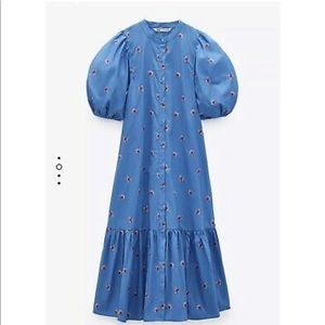 Zara Blue Midi Puff Sleeve Button Down Dress Pink Flowers XS